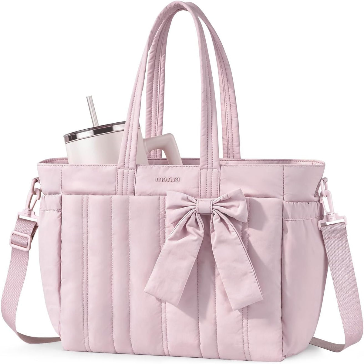 MOSISO Quilted-Puffy Laptop Tote Water-Resistant Multi-Pocket with Cup Holder, Anti-Theft Pocket, Trolley Sleeve & Removable Shoulder Strap, Fits 14-17.3Inch Laptop