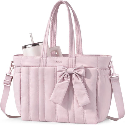 MOSISO Quilted-Puffy Laptop Tote Water-Resistant Multi-Pocket with Cup Holder, Anti-Theft Pocket, Trolley Sleeve & Removable Shoulder Strap, Fits 14-17.3Inch Laptop