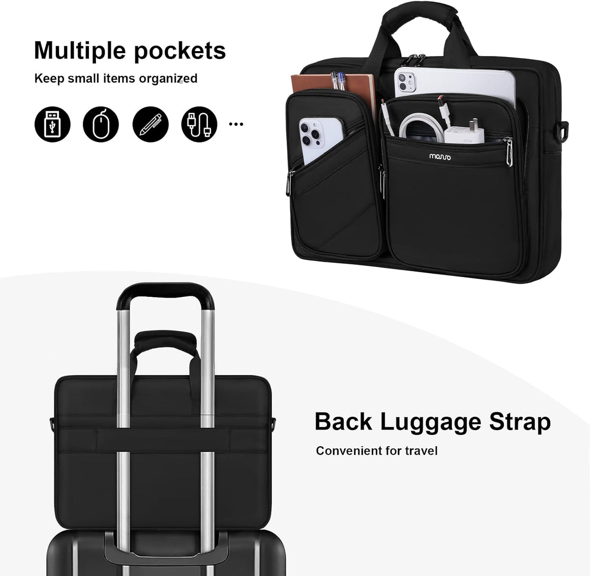 MOSISO Men’s Multi‑Zipper‑Pocket Laptop Briefcase, 15‑16‑Inch, Removable‑Adjustable‑Strap & Rear Trolley‑Sleeve