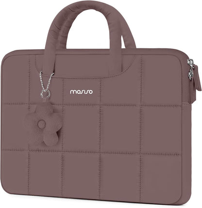 MOSISO Grid Quilted Puffy Laptop Sleeve with Padded Handle & Flower Charm, Shockproof Waterproof, Fits 13.3–16 Inch MacBook HP Dell ASUS Lenovo Notebook