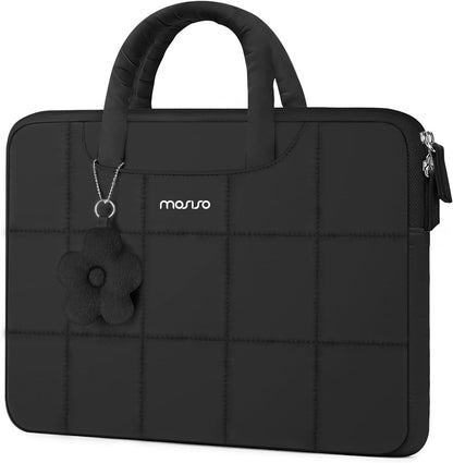 MOSISO Grid Quilted Puffy Laptop Sleeve with Padded Handle & Flower Charm, Shockproof Waterproof, Fits 13.3–16 Inch MacBook HP Dell ASUS Lenovo Notebook