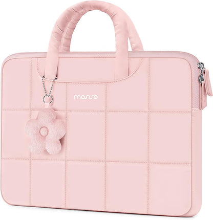 MOSISO Grid Quilted Puffy Laptop Sleeve with Padded Handle & Flower Charm, Shockproof Waterproof, Fits 13.3–16 Inch MacBook HP Dell ASUS Lenovo Notebook
