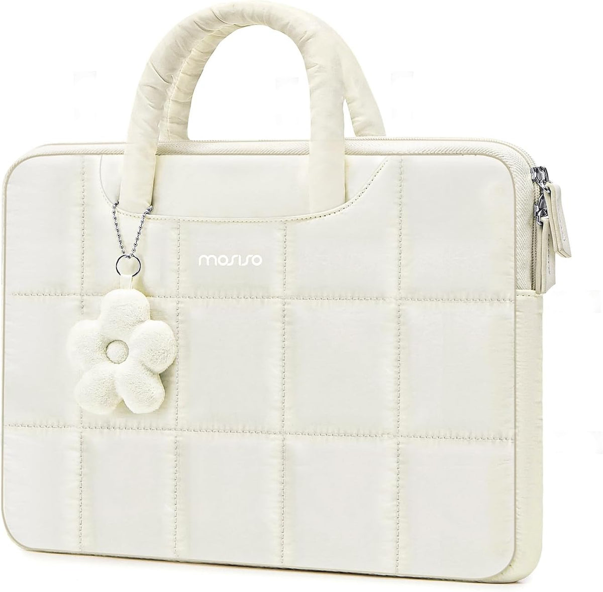 MOSISO Grid Quilted Puffy Laptop Sleeve with Padded Handle & Flower Charm, Shockproof Waterproof, Fits 13.3–16 Inch MacBook HP Dell ASUS Lenovo Notebook