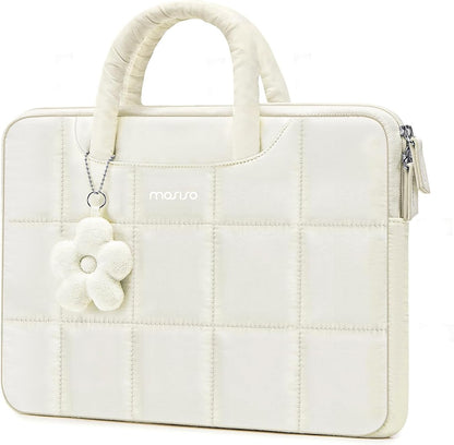 MOSISO Grid Quilted Puffy Laptop Sleeve with Padded Handle & Flower Charm, Shockproof Waterproof, Fits 13.3–16 Inch MacBook HP Dell ASUS Lenovo Notebook