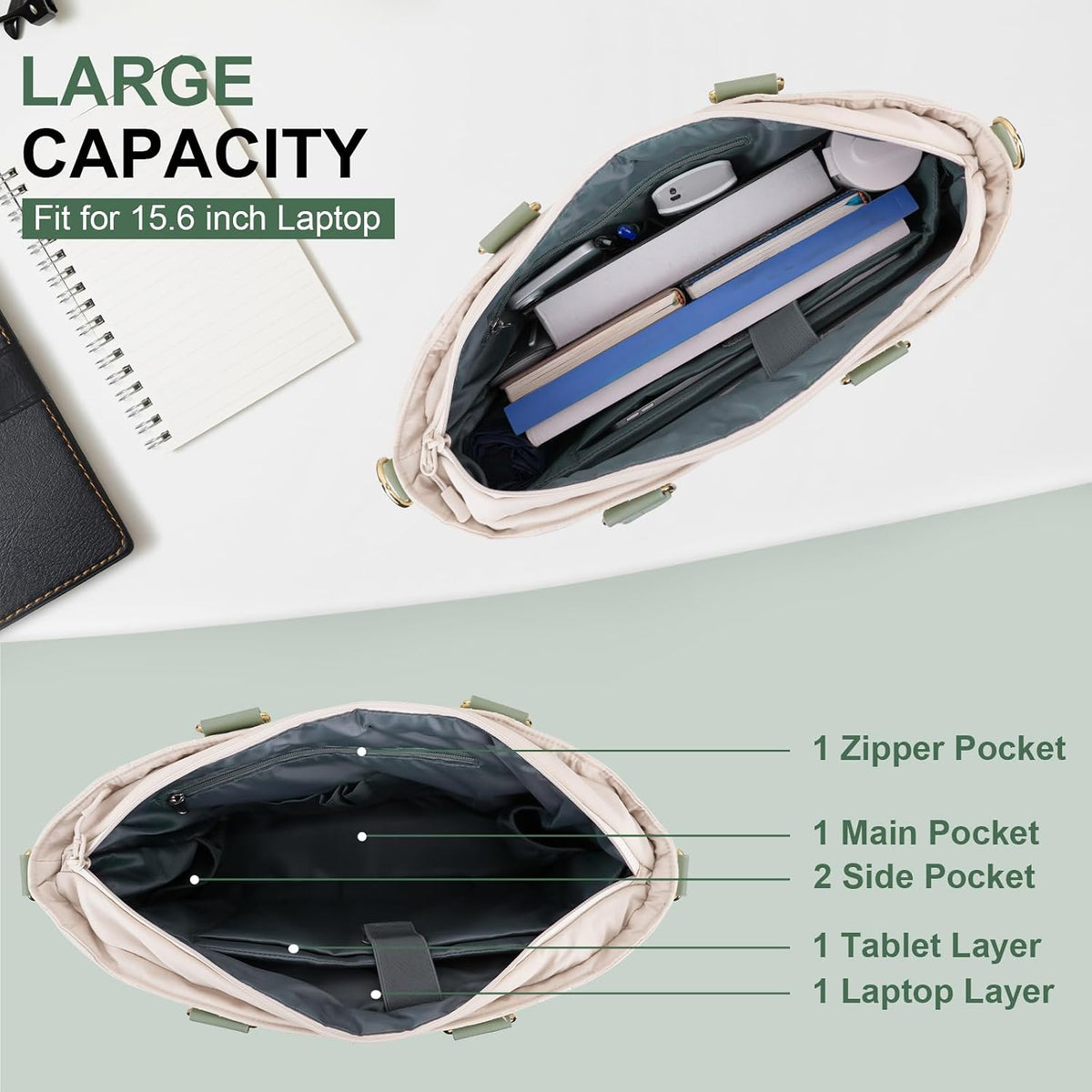 MOSISO Puffy Ultra‑Light Women Work Laptop Tote Bag, 15‑16‑Inch, built-in keyring, side pocket & rear trolley sleeve.