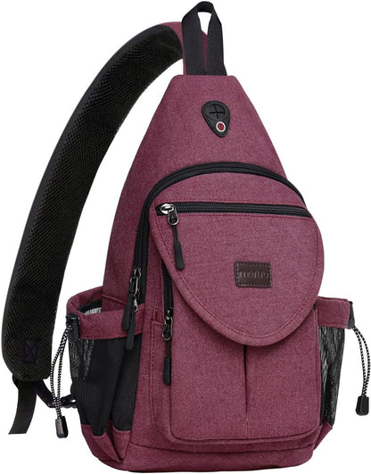 MOSISO Canvas Sling Backpack, Daypack with Anti-Theft Pocket, Dual Mesh Bottle Holders & Earphone Hole, Fits 11 Inch Tablet for Hiking Travel Commute