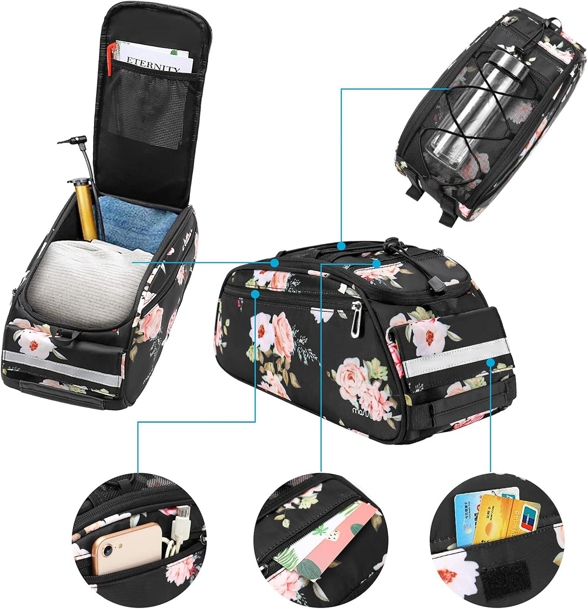 MOSISO Waterproof Bike Rear Rack Bag, 12L Multi-Pocket Bicycle Trunk Pouch with Reflective Strip & Detachable Shoulder Strap for Daily Cycling Commute