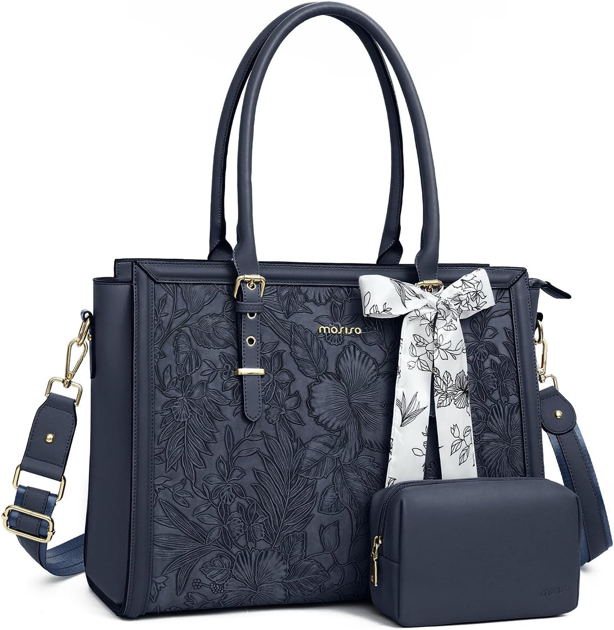 MOSISO Laptop Bag for Women, PU Leather Tote Bag, Front Embossed Retro Hibiscus Computer Bags with Silk Scarf&Clutch Purse iMosiso