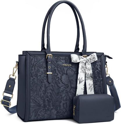 MOSISO Laptop Bag for Women, PU Leather Tote Bag, Front Embossed Retro Hibiscus Computer Bags with Silk Scarf&Clutch Purse iMosiso