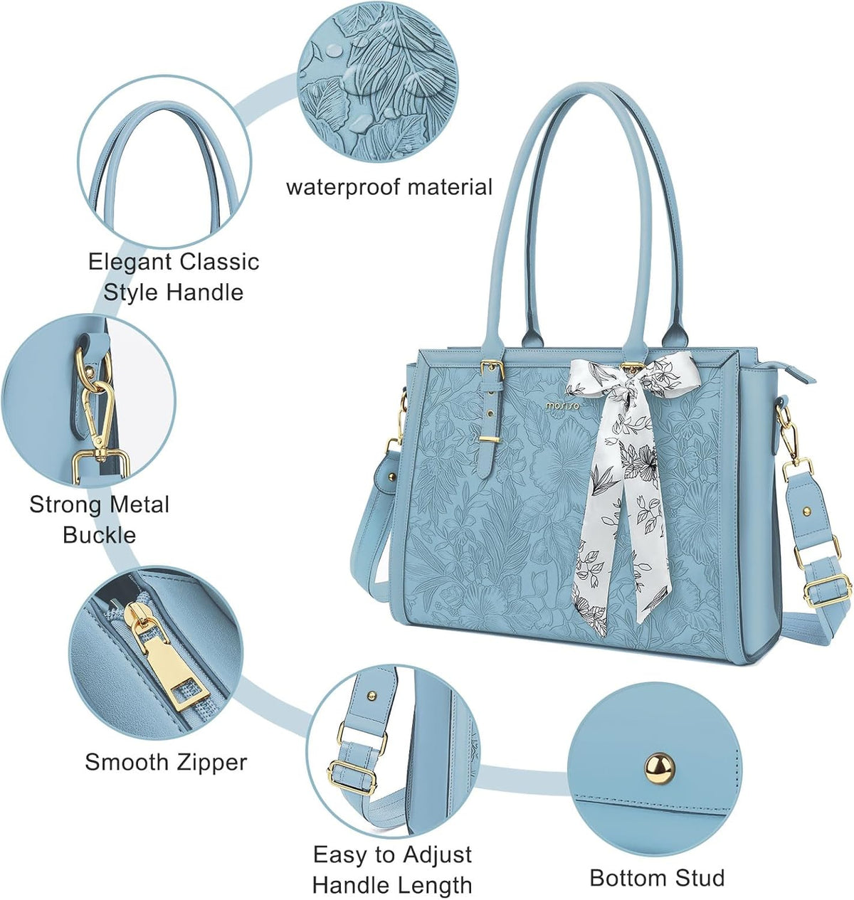 MOSISO Laptop Bag for Women, PU Leather Tote Bag, Front Embossed Retro Hibiscus Computer Bags with Silk Scarf&Clutch Purse iMosiso
