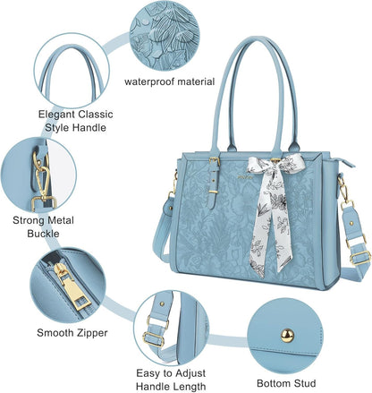 MOSISO Laptop Bag for Women, PU Leather Tote Bag, Front Embossed Retro Hibiscus Computer Bags with Silk Scarf&Clutch Purse iMosiso