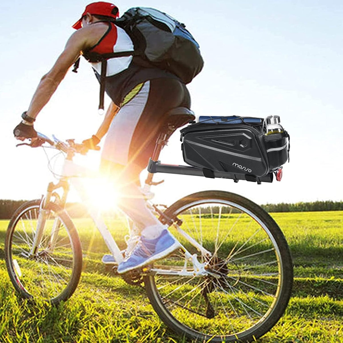 MOSISO 14L Waterproof Bike Rear Rack Bag, Shockproof Saddle Pouch with Bottle Pocket, Reflective Strip & Detachable Shoulder Strap for Commute