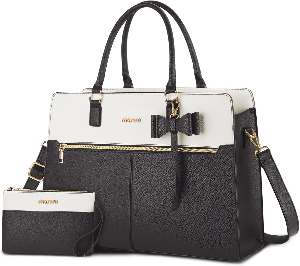 MOSISO Bow Accent Two-Tone Faux Leather Tote Set with Cosmetic Pouch, Multi-Pocket Laptop Tote Fits 15.6 & 17.3 Inch Laptop for Teacher College Women