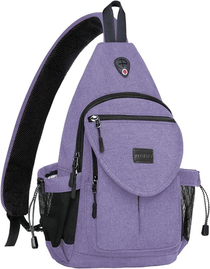 MOSISO Canvas Sling Backpack, Daypack with Anti-Theft Pocket, Dual Mesh Bottle Holders & Earphone Hole, Fits 11 Inch Tablet for Hiking Travel Commute