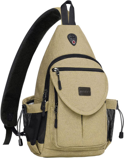MOSISO Canvas Sling Backpack, Daypack with Anti-Theft Pocket, Dual Mesh Bottle Holders & Earphone Hole, Fits 11 Inch Tablet for Hiking Travel Commute
