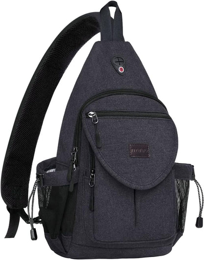 MOSISO Canvas Sling Backpack, Daypack with Anti-Theft Pocket, Dual Mesh Bottle Holders & Earphone Hole, Fits 11 Inch Tablet for Hiking Travel Commute