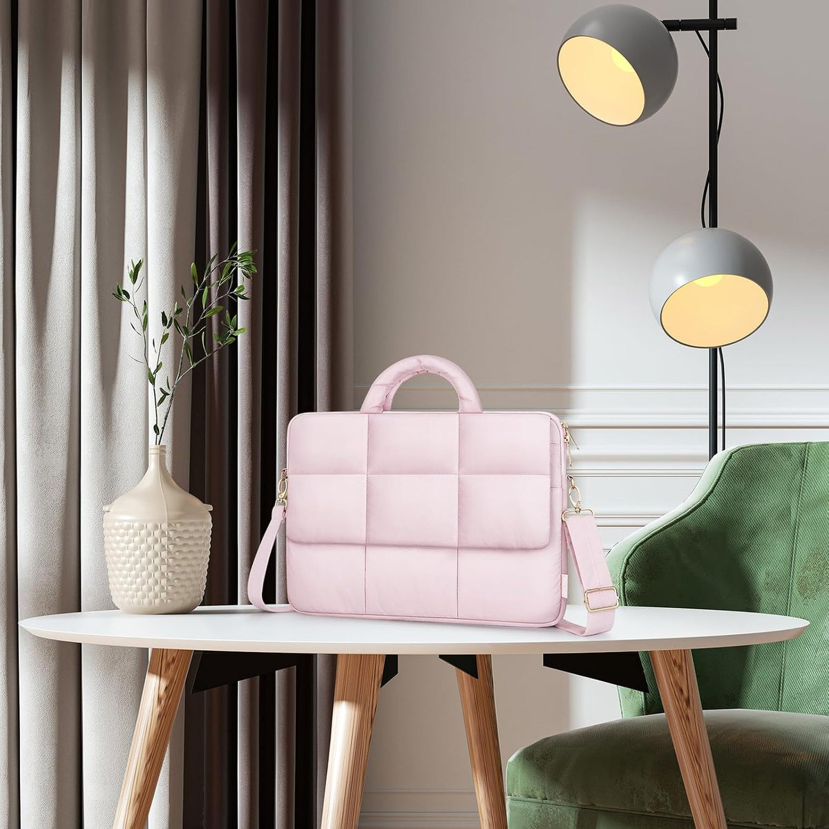 MOSISO Women's Puffy Quilted 15.6 Inch Laptop Shoulder Bag — 4 Front Pockets, Removable Strap, Rear Trolley Sleeve & Padded Laptop Compartment