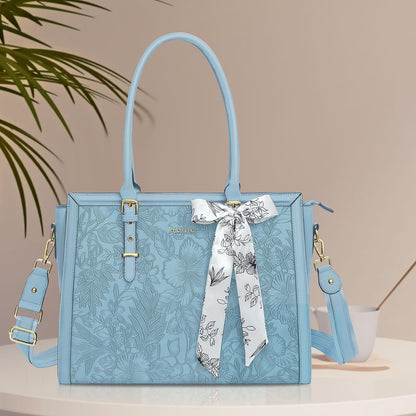 MOSISO Laptop Bag for Women, PU Leather Tote Bag, Front Embossed Retro Hibiscus Computer Bags with Silk Scarf&Clutch Purse iMosiso