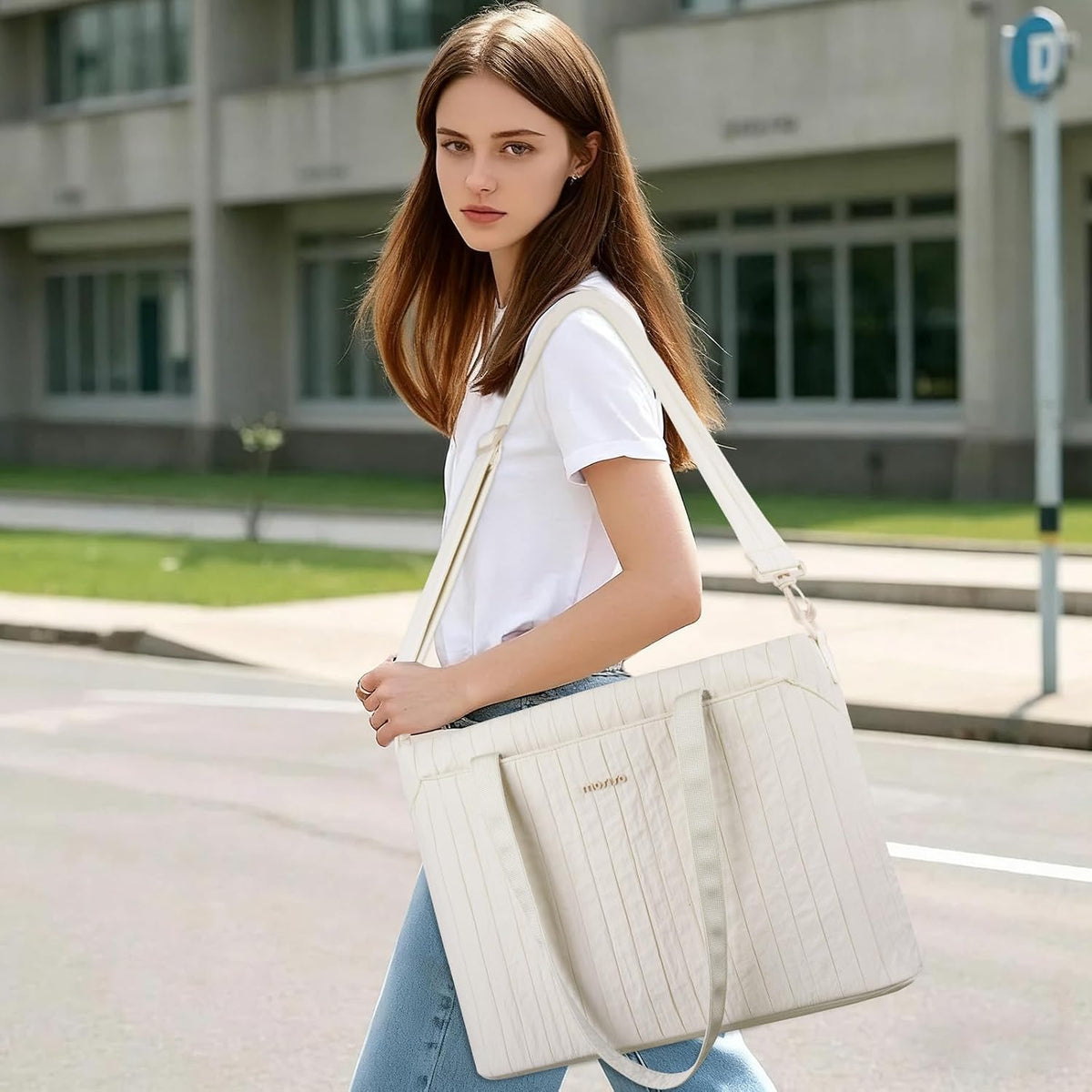 MOSISO Large‑Capacity Women Work Tote Bag, Zipper‑Closure,15.6‑Inch Padded Laptop‑Sleeve, Removable‑Strap & Rear Luggage‑Strap