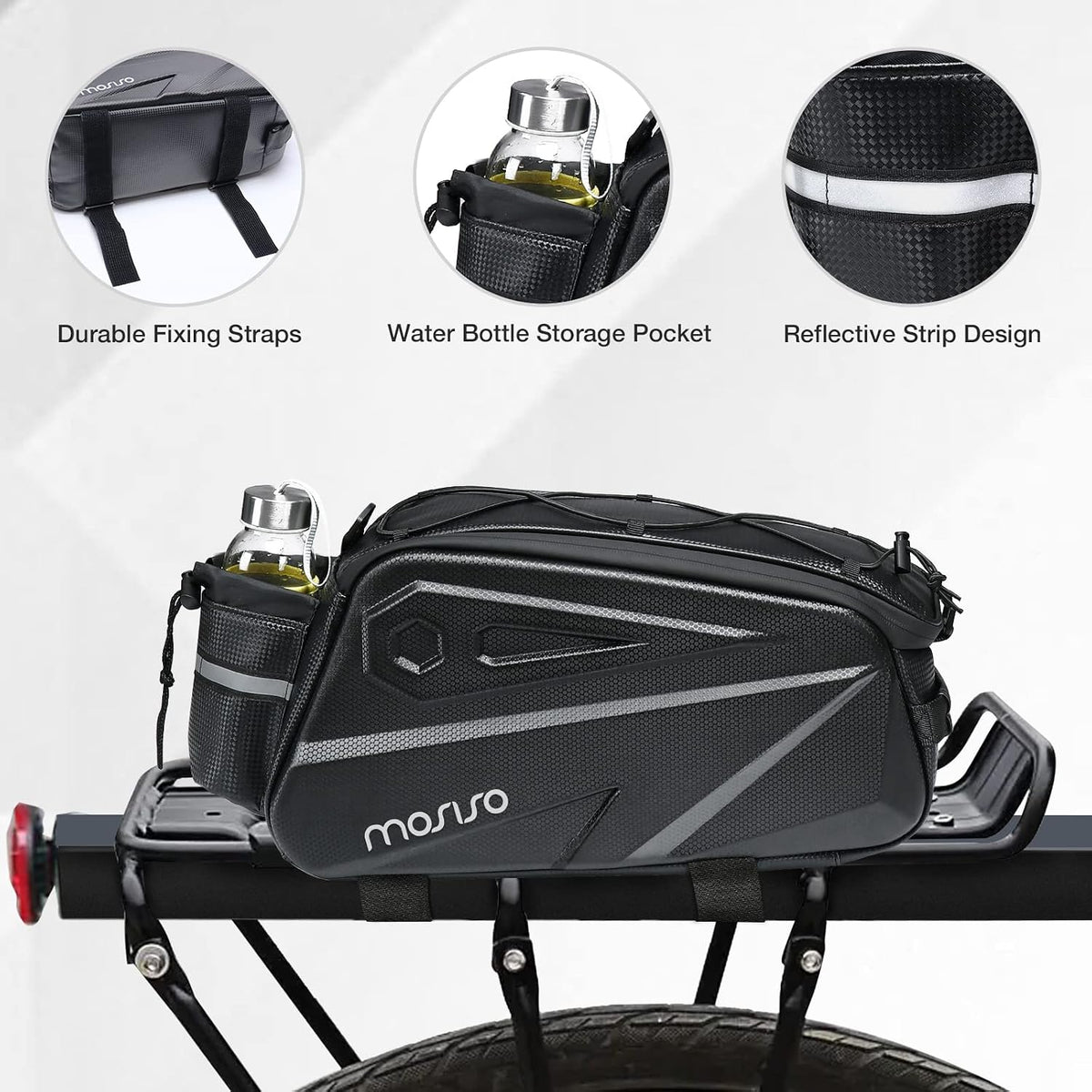 MOSISO 14L Waterproof Bike Rear Rack Bag, Shockproof Saddle Pouch with Bottle Pocket, Reflective Strip & Detachable Shoulder Strap for Commute