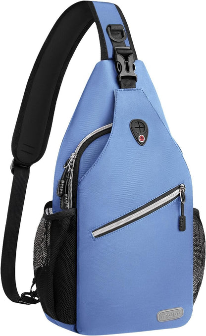 MOSISO Water Resistant Sling Backpack, Crossbody Daypack with Multi Pockets & Side Mesh Holders, Strap Fits 10.9Inch Tablet for Travel Hiking Commute