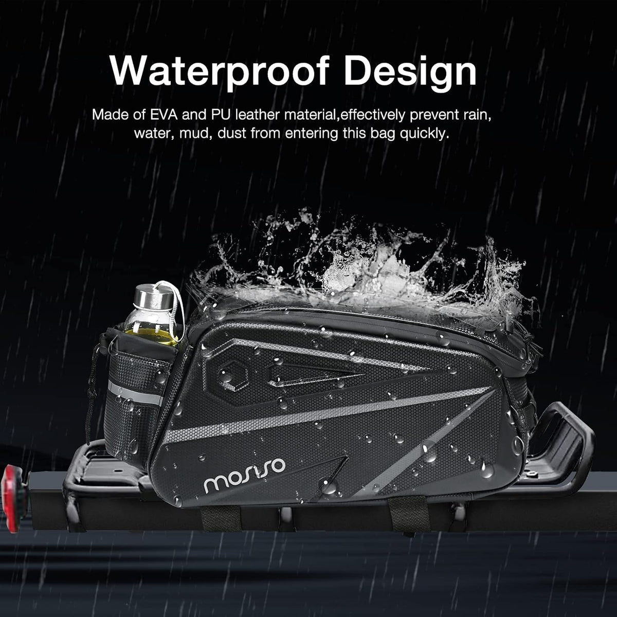 MOSISO 14L Waterproof Bike Rear Rack Bag, Shockproof Saddle Pouch with Bottle Pocket, Reflective Strip & Detachable Shoulder Strap for Commute