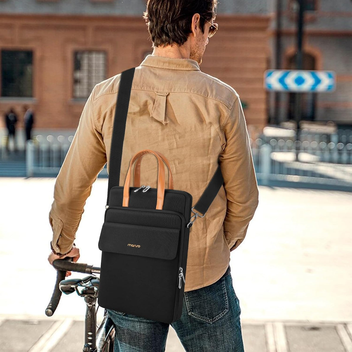 MOSISO Men’s 360‑Edge Reinforced Vertical Laptop Messenger Bag, 13‑14‑Inch, Multi‑Pockets, Removable‑Strap & Rear Trolley‑Sleeve