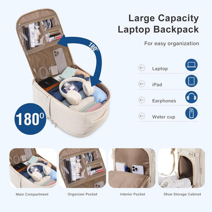 MOSISO 30L Women Travel Carry‑On Backpack, 180‑Degree Opening, Shoe‑Compartment, 15.6‑Inch Laptop Sleeve with Luggage‑Strap for Travel Commute
