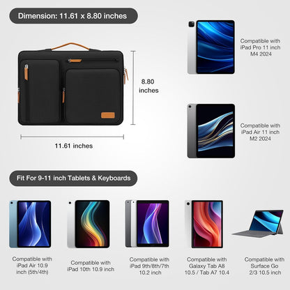 MOSISO 9-11 inch Tablet Sleeve Case for iPad A16 2025, iPad Air 11 inch M3 M2, iPad Pro 11 M4, iPad 10/9/8/7th, Galaxy Tab A9+/S9/S8/Plus 11, Side Open Carrying Bag with 4 Zipper Pockets, Black