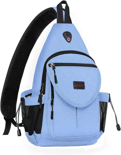 MOSISO Canvas Sling Backpack, Daypack with Anti-Theft Pocket, Dual Mesh Bottle Holders & Earphone Hole, Fits 11 Inch Tablet for Hiking Travel Commute