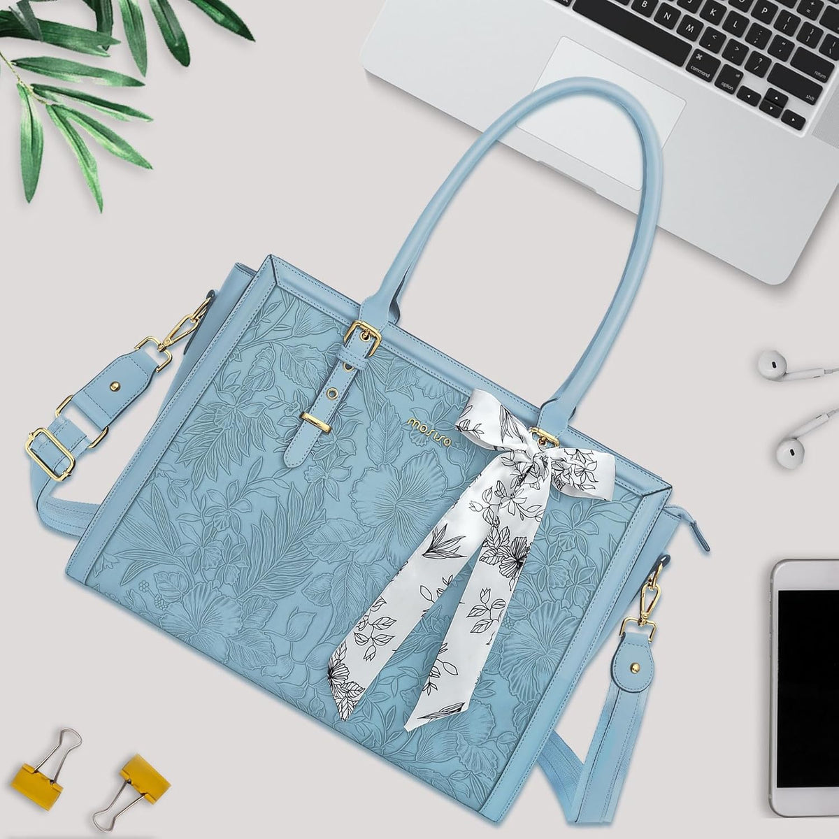 MOSISO Laptop Bag for Women, PU Leather Tote Bag, Front Embossed Retro Hibiscus Computer Bags with Silk Scarf&Clutch Purse iMosiso