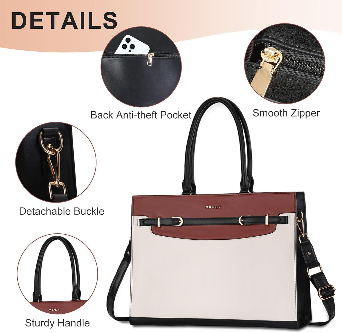 MOSISO Women PU-Leather 15.6-Inch Laptop Tote Bag,3-Multi-Compartment,Removable-Adjustable-Strap & Rivet-Reinforced-Base