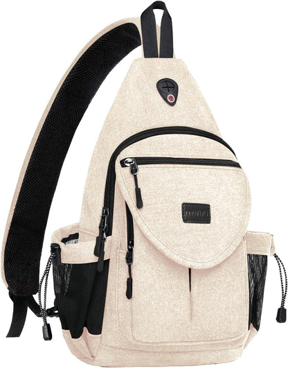 MOSISO Canvas Sling Backpack, Daypack with Anti-Theft Pocket, Dual Mesh Bottle Holders & Earphone Hole, Fits 11 Inch Tablet for Hiking Travel Commute