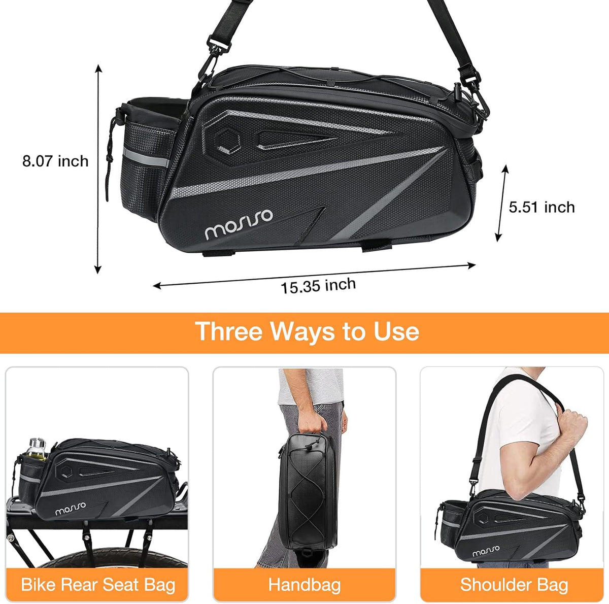 MOSISO 14L Waterproof Bike Rear Rack Bag, Shockproof Saddle Pouch with Bottle Pocket, Reflective Strip & Detachable Shoulder Strap for Commute