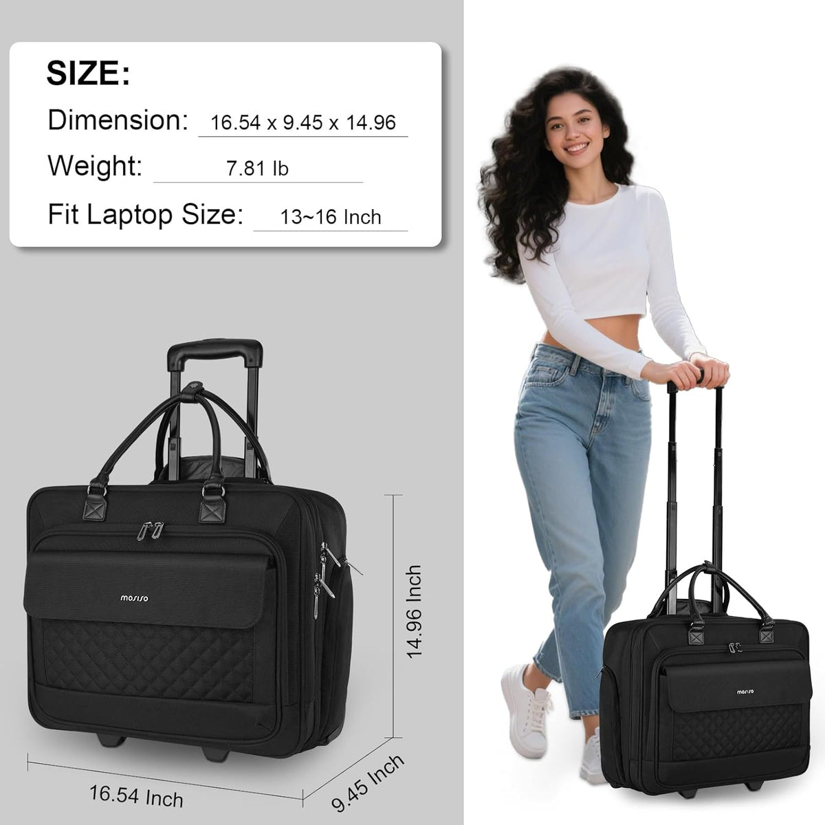 MOSISO Rolling Laptop Bag, 15.6 inch Expandable Overnight Computer Bag with Flapover Pocket & Belt on 2 Wheels for Work Travel Business