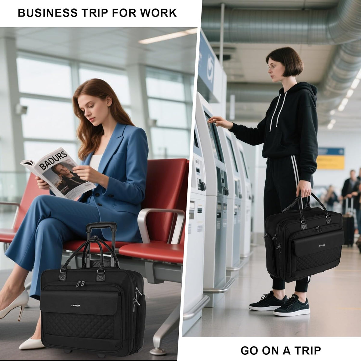 MOSISO Rolling Laptop Bag, 15.6 inch Expandable Overnight Computer Bag with Flapover Pocket & Belt on 2 Wheels for Work Travel Business