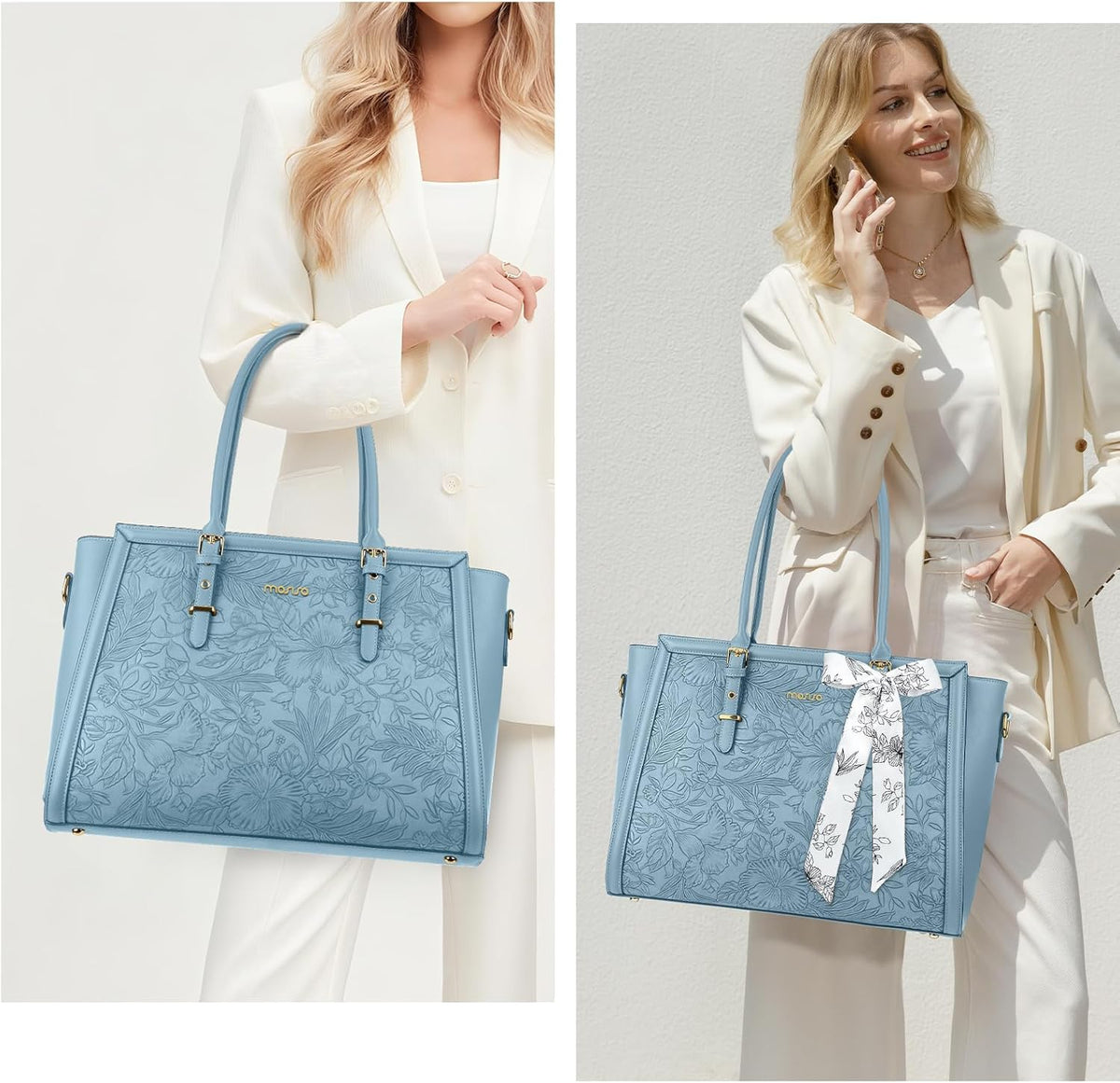 MOSISO Laptop Bag for Women, PU Leather Tote Bag, Front Embossed Retro Hibiscus Computer Bags with Silk Scarf&Clutch Purse iMosiso
