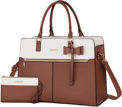 MOSISO Bow Accent Two-Tone Faux Leather Tote Set with Cosmetic Pouch, Multi-Pocket Laptop Tote Fits 15.6 & 17.3 Inch Laptop for Teacher College Women