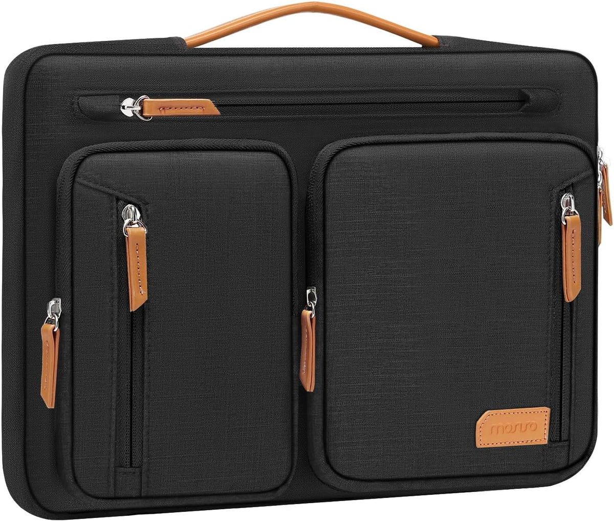 MOSISO 360Cushioned Laptop Case for 13‑15.6Inch Notebook, Multi‑Zipper‑Pocket Briefcase with Tuck‑Away Handle, Side‑Opening Zipper &Back Luggage Strap