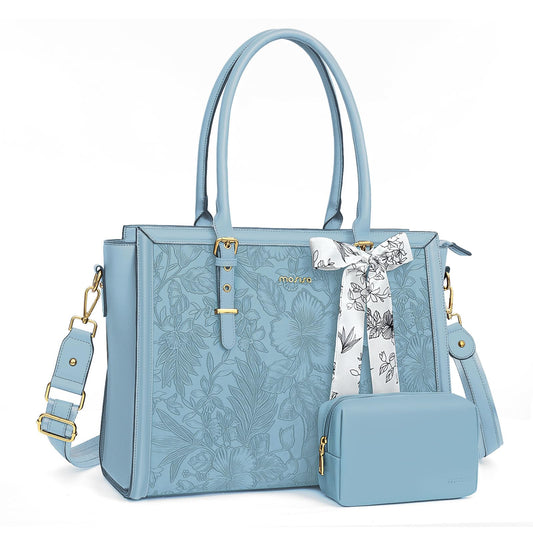 MOSISO Retro Embossed Hibiscus PU Laptop Tote Bag for Women, Multi-Way Work Briefcase with Silk Scarf & Matching Clutch Fits 16/17.3 Inch Notebooks
