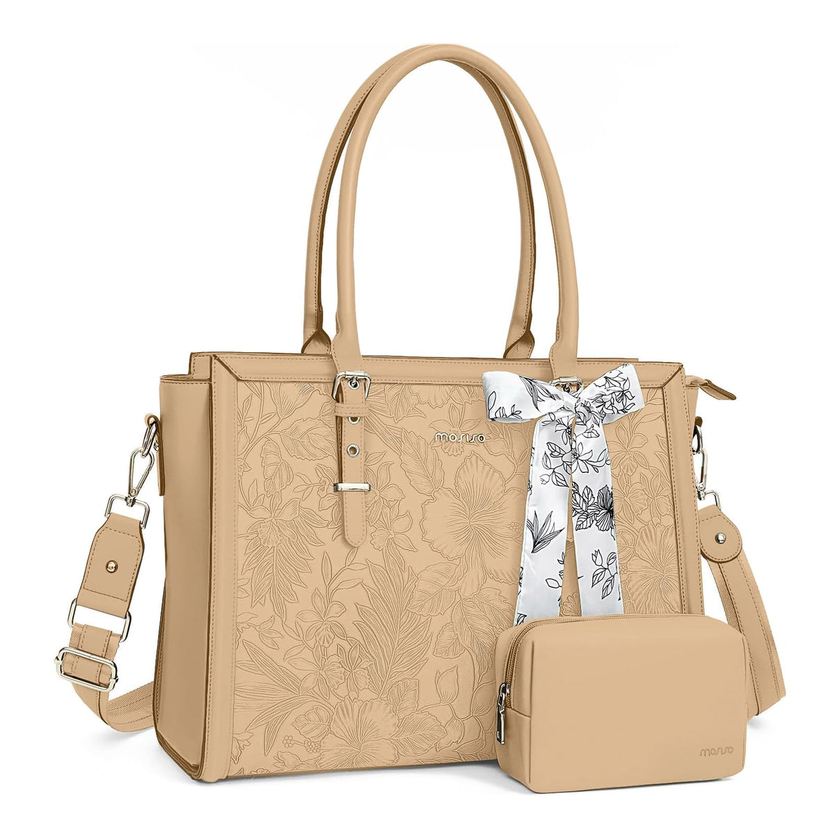 MOSISO Retro Embossed Hibiscus PU Laptop Tote Bag for Women, Multi-Way Work Briefcase with Silk Scarf & Matching Clutch Fits 16/17.3 Inch Notebooks