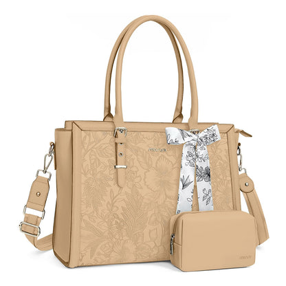 MOSISO Retro Embossed Hibiscus PU Laptop Tote Bag for Women, Multi-Way Work Briefcase with Silk Scarf & Matching Clutch Fits 16/17.3 Inch Notebooks