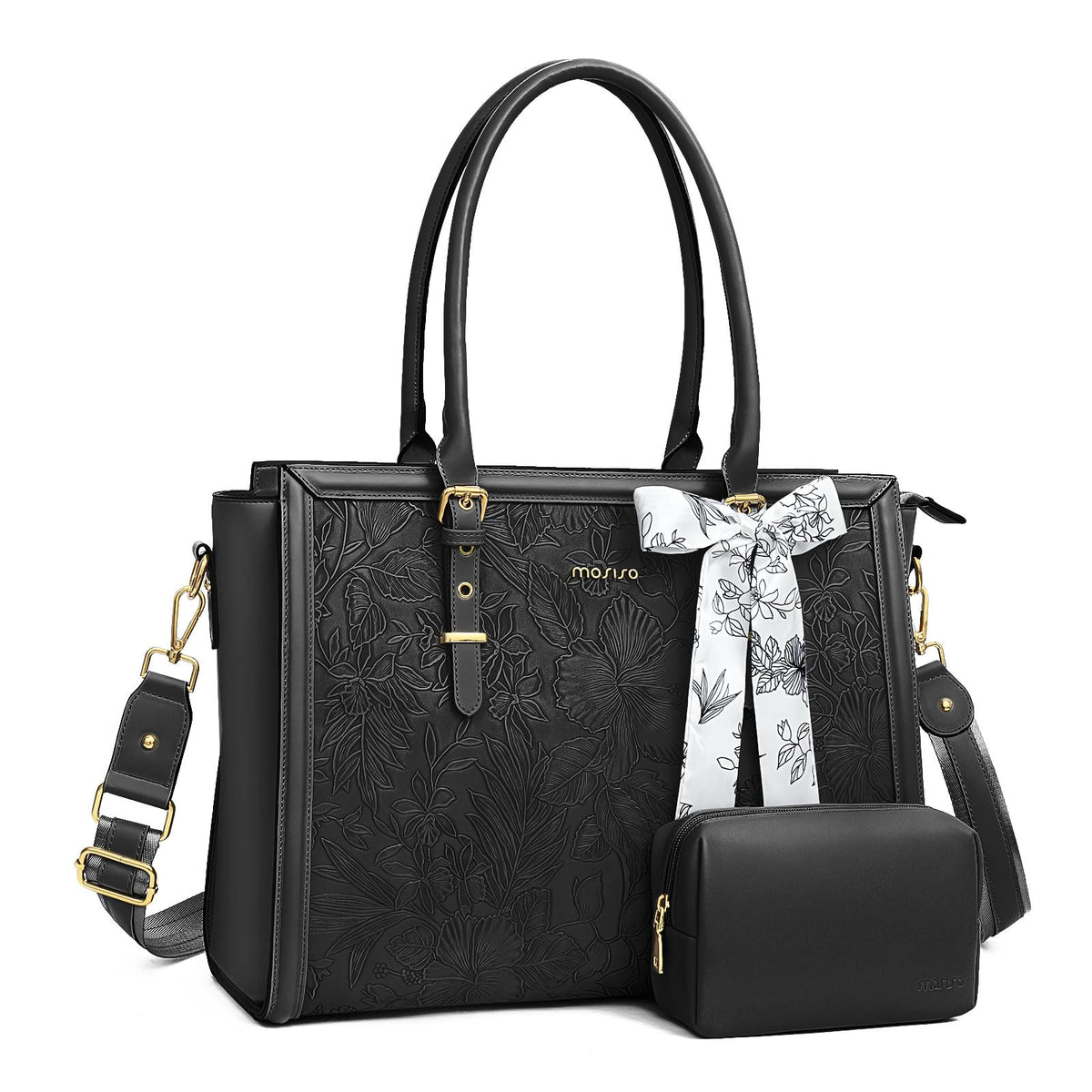 MOSISO Retro Embossed Hibiscus PU Laptop Tote Bag for Women, Multi-Way Work Briefcase with Silk Scarf & Matching Clutch Fits 16/17.3 Inch Notebooks