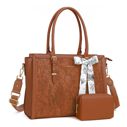 MOSISO Retro Embossed Hibiscus PU Laptop Tote Bag for Women, Multi-Way Work Briefcase with Silk Scarf & Matching Clutch Fits 16/17.3 Inch Notebooks