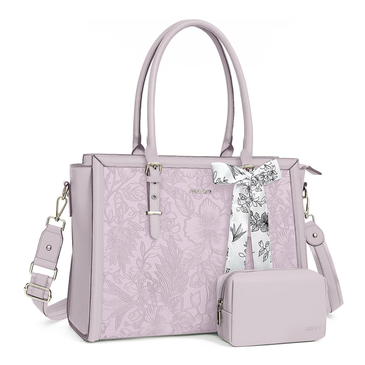 MOSISO Retro Embossed Hibiscus PU Laptop Tote Bag for Women, Multi-Way Work Briefcase with Silk Scarf & Matching Clutch Fits 16/17.3 Inch Notebooks
