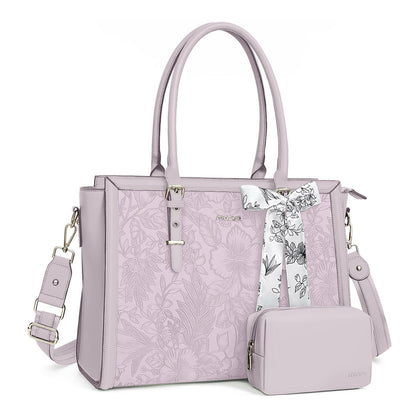 MOSISO Retro Embossed Hibiscus PU Laptop Tote Bag for Women, Multi-Way Work Briefcase with Silk Scarf & Matching Clutch Fits 16/17.3 Inch Notebooks