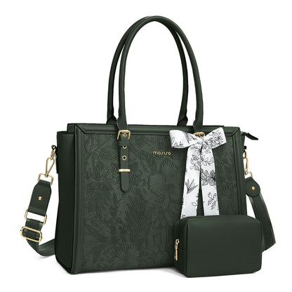 MOSISO Retro Embossed Hibiscus PU Laptop Tote Bag for Women, Multi-Way Work Briefcase with Silk Scarf & Matching Clutch Fits 16/17.3 Inch Notebooks