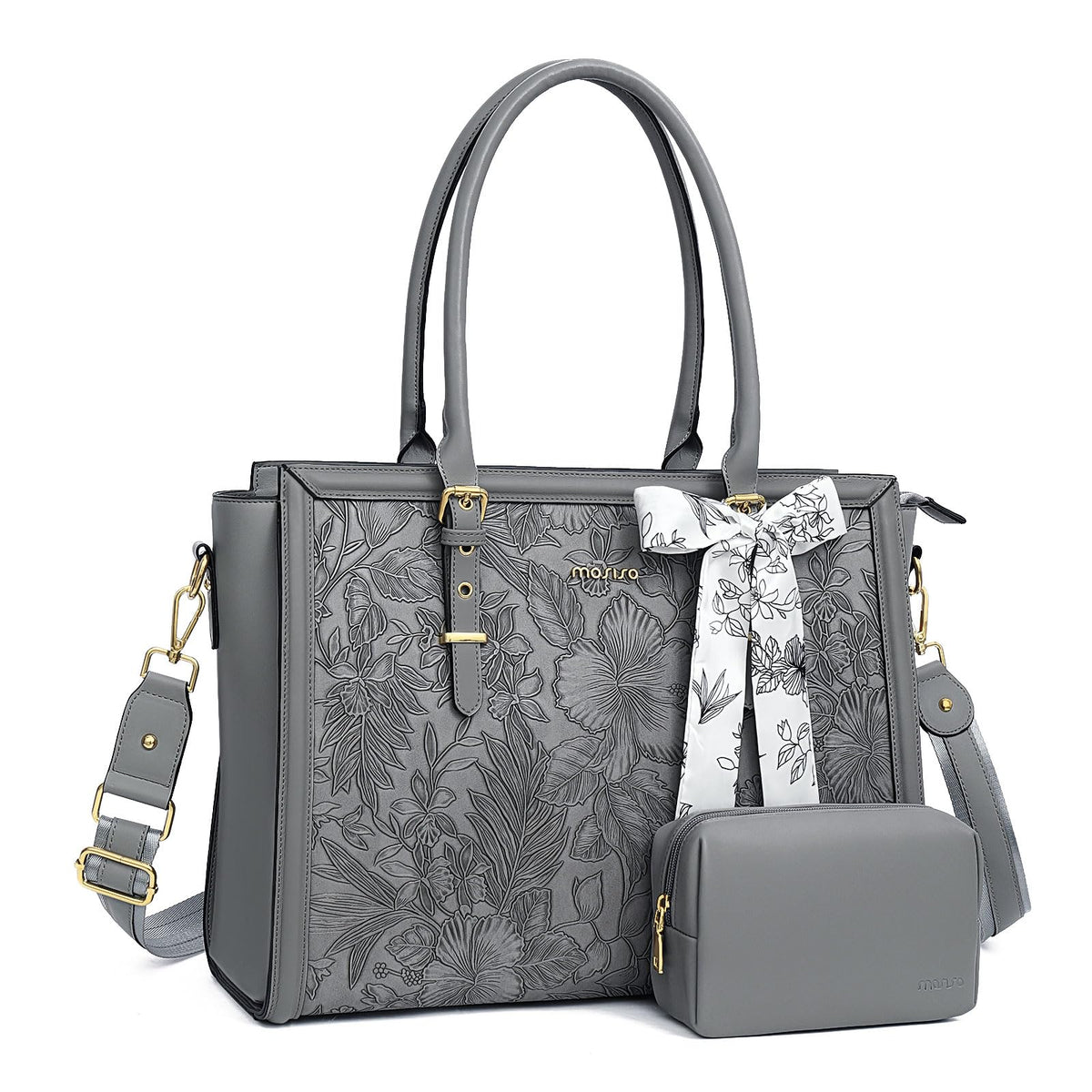 MOSISO Retro Embossed Hibiscus PU Laptop Tote Bag for Women, Multi-Way Work Briefcase with Silk Scarf & Matching Clutch Fits 16/17.3 Inch Notebooks