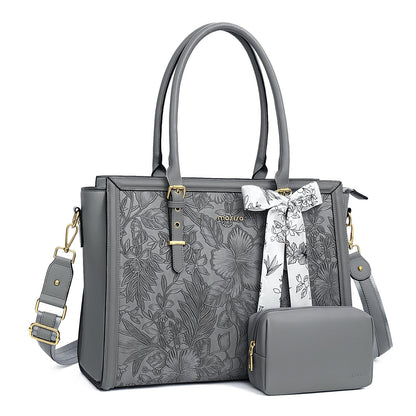 MOSISO Retro Embossed Hibiscus PU Laptop Tote Bag for Women, Multi-Way Work Briefcase with Silk Scarf & Matching Clutch Fits 16/17.3 Inch Notebooks