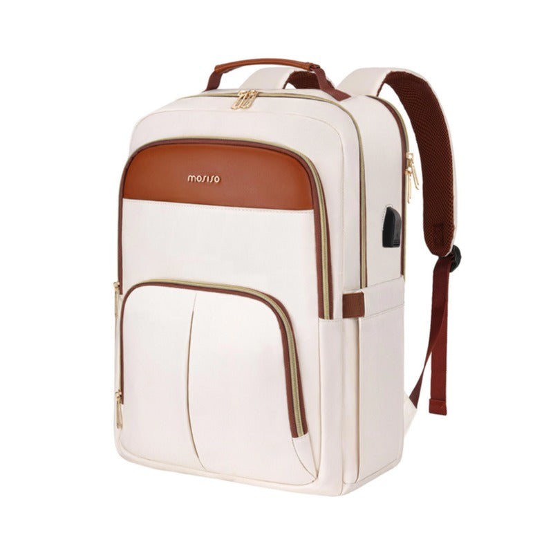 MOSISO Two-Tone Leather Trim Laptop Backpack, Women’s Water Resistant Carry Bag with USB Port Fits 15.6 Inch Laptops for Office Teacher College Travel